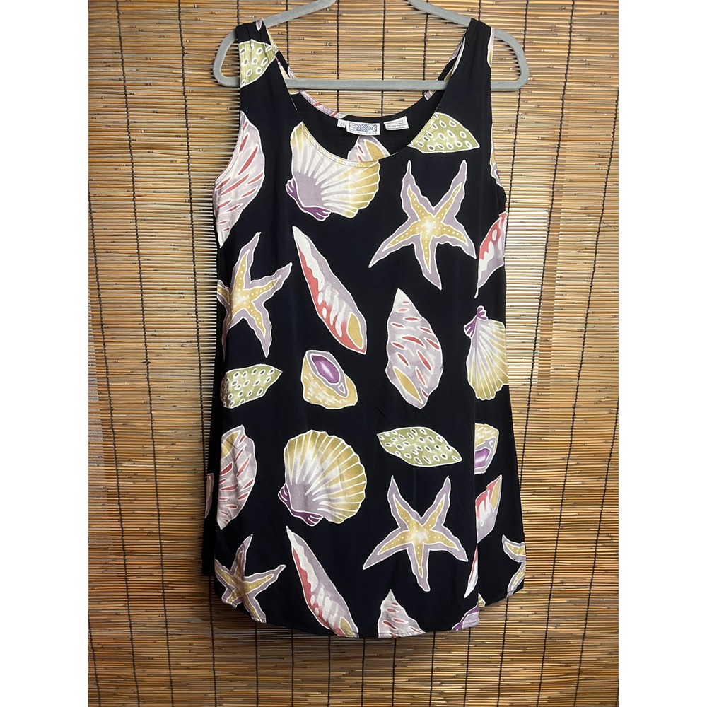 Back East Vintage 90s Seashell Starfish Rayon Shift Dress Black Large Beachy